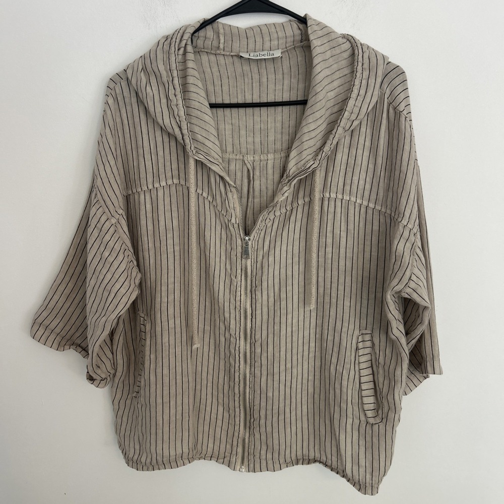 Liabella Striped Hooded Bomber Jacket in Beige and Black